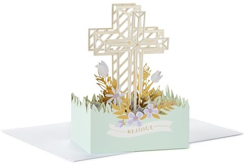 Hallmark Paper Wonder - Tarjeta religiosa desplegable (cruz dorada con flores moradas) para Pascua, confirmación, primera comunión