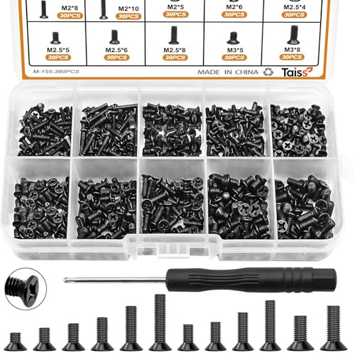 Taiss 360PCS Vis pour ordinateur portable 12 tailles M2 M2.5 M3 Vis miniatures pour carte mère avec tournevis pour réparation et bricolage PC