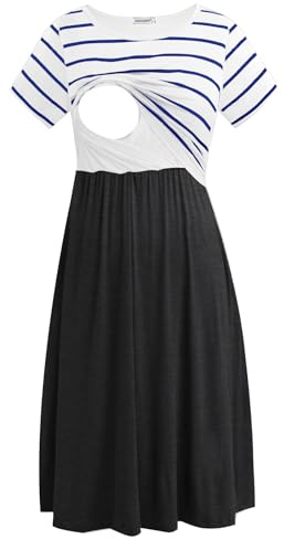Smallshow Damen Lässiges Kurzarm Stillkleid Umstandskleid für Stillen White Stripe/Deep Grey Medium