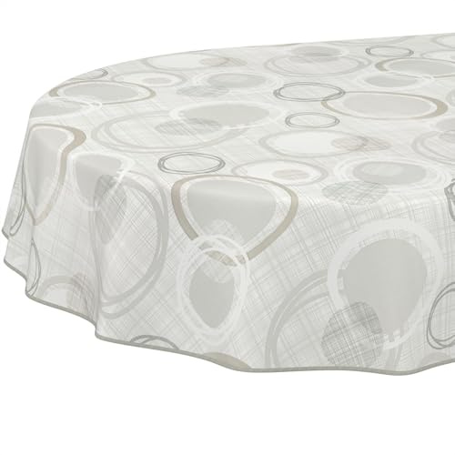 ANRO Tischdecke Wachstuch abwaschbar Wachstuchtischdecke Wachstischdecke Kreise Geometrie Weiß Grau Oval 180x140cm mit Saum - Eingefasst
