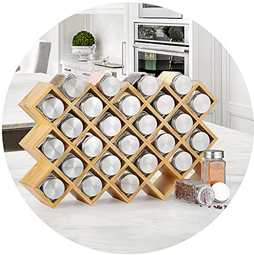 ecooe Support à épices en bambou pour armoire de cuisine et plan de travail composé de 27 pots à épices et pots à étiquettes en acier inoxydable 304