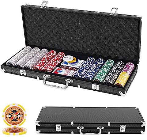 GOPLUS Maletín de póker de Aluminio Profesional con 500 fichas y 2 Juegos de Tarjetas, 3 Dealers, 1 Alfombra, Juego de Poker de Estilo Casino, Juego de póker para casa y Casino (Negro)