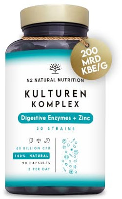 Probioticos y Prebioticos Intestinales con 30 Cepas Bacterianas, Enzymas Digestivas y Zinc. Mejora las Digestiones y el Tránsito Intestinal. Equilibra la Microbiota. 90 Capsulas. N2 Natural Nutrition