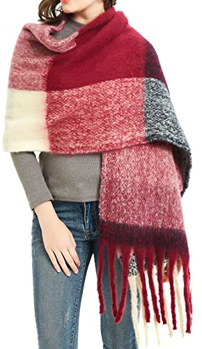Aodafei Schal Damen Winter Frühling,Dicke Lange Schals mit Quasten,Weiche übergroßer Poncho Damen Schultertuch,Bunt Kariert Schal für Damen Tücher,Kariert Schal Dunkelrosa xxl