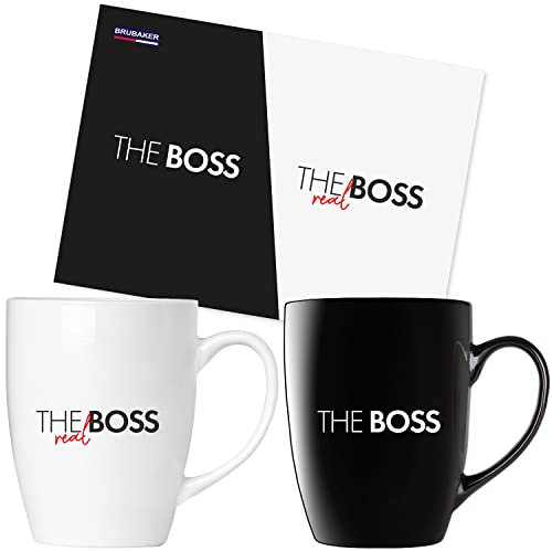 Brubaker Tazze di Caffè The Boss & The Real Boss con Biglietto D'Auguri - Tazze di Caffè di Coppia in Bianco e Nero - 300 ml Mugs Gift Set - Set di Tazze in Confezione Regalo