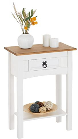 CARO-Möbel Konsolentisch Campo im Mexiko Stil, Kleiner Beistelltisch aus massiver Kiefer mit 1 Schublade, Anrichte in weiß/braun