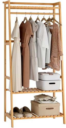FOREHILL Clothes Stand Garment Rack Bamboo Open Wardrobe with 3-tier Storage Shelves Clothes Hanging Tidy Rail Shoe Rack for Clothes Hats Bags 164x70x42cm