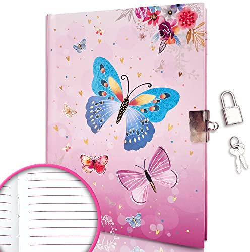 Tagebuch mit Schloss Mädchen, 17,8x13,5cm 80 Linierte Blätter 160 Seiten Schmetterlings Kinder Tagebuch mit Schloss Notizbuch Mädchen zum Schreiben und Zeichnen Geschenke für Mädchen 6 7 8 9 10 Jahre