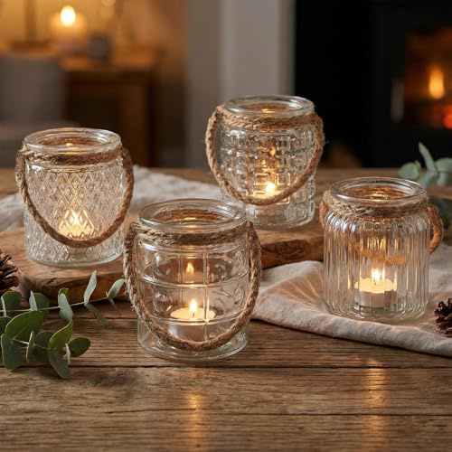 levandeo Uppsättning av 4 lyktlampor H 10 cm glas klar transparent värmeljushållare bordsdekoration ljus dekoration retro ljushållare lin