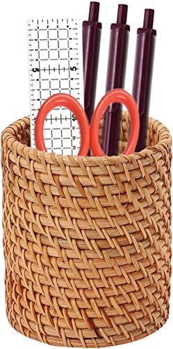 Norhogo Natürliches Handgemachtes Rattan Stiftehalter, stiftehalter holz, Runder multifunktionaler Stifthalter-Organizer, stiftehalter schreibtisch für Organizer Stifte Kugelschreiber, Make-up Pinsel