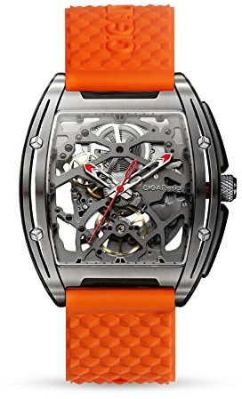 CIGA Design Automatik Uhr Herren - Z Serie Armbanduhr Tonneau Mechanische Skelettuhr Edelstahl Saphirglas mit Leder- und Silikonarmband (Titan - Orange)