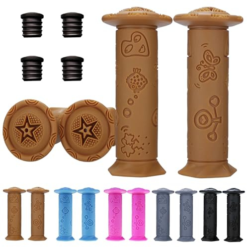 Kids Bike Grips 4PCS - Eco-Friendly TPE Handlebar Grips for Children's Bikes/Tricycles/Balance Bikes, Non-Slip Cartoon Design, 4.11 Short Grips (Ages 2-9) Brown