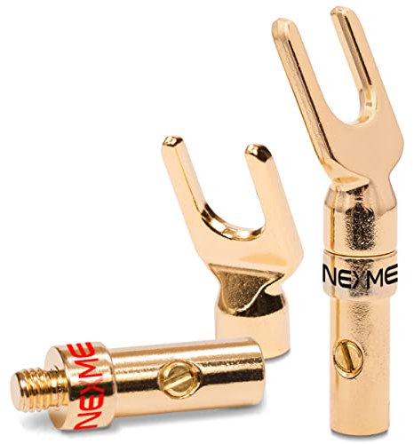 2X NEXMEX High End Kabelschuhe Gabelschuhe 24K vergoldet für Kabel bis 6mm² löt- oder schraubbar Steckverbinder für Lautsprecherkabel Verstärker HiFi-Boxen Endstufen