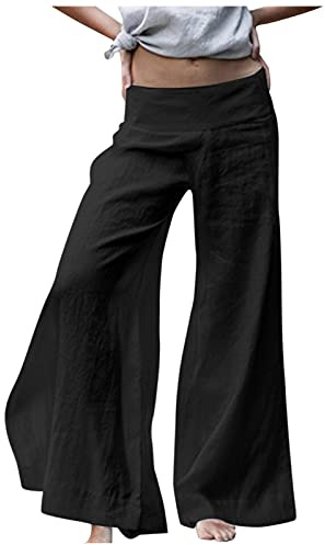 Pantaloni da donna in lino, estivi, casual, a vita bassa, larghi, per il tempo libero, estivi, per il tempo libero, a gamba larga, comodi, alla moda, eleganti, Nero , s