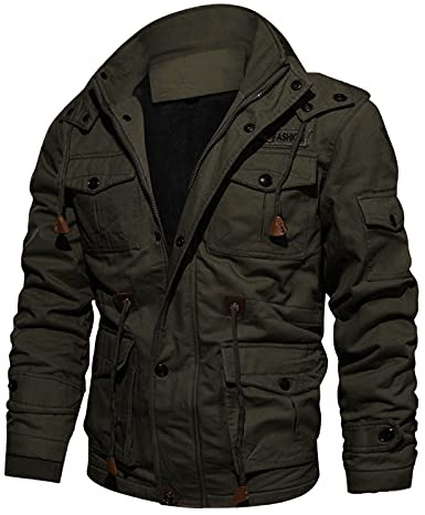 Duohropke Chaqueta de entretiempo para hombre, chaqueta cargo para hombre, cuello alto, chaqueta de algodón, multibolsillos, chaqueta militar, chaqueta de otoño, chaqueta informal cortavientos, verde,