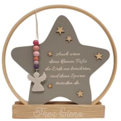 Geschenk für Sternenkind mit Engel | Ring mit Stern mit Spruch und Namen | Erinnerung an EIN Sternenkind | Stern aus Holz 17 x 17 cm | Geschenk zur Beerdigung | Geschenk für Sterneneltern