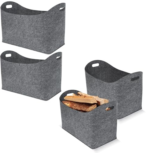 HENGMEI Lot de 4 sacs en feutre pour bois de cheminée - Pliable - Panier à bois de cheminée - Sac à provisions pour bois de cheminée - Sac à anses pour bois de cheminée et journaux - Dimensions : 55 x