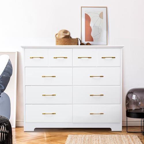 NEDYO 8 Drawer Dressers for Bedroom, 40 Inch Large Wide Dresser, Mid Century Modern Drawer Chest with Gold Hardware, Wooden Chest of Drawers. White