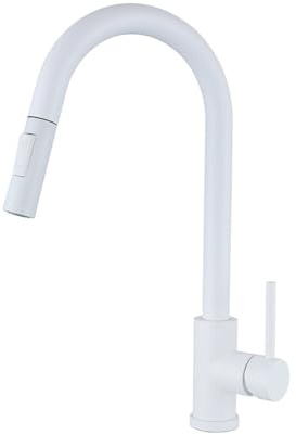 GULICA White Kitchen Tap, Single Handle, 2 Water Mode 360 Degree Swivel Pre-Rinse Pull Out Kitchen Sink Tap