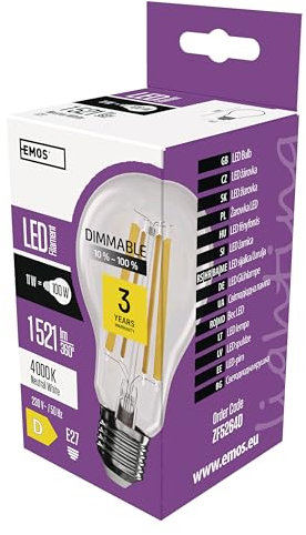 EMOS dimmbare Edison LED Lampe Filament A60, 11W Ersatz für 100W Glühbirne, Vintage-Stil mit E27 Sockel, Helligkeit 1521 lm, Neutralweiß 4000 K, 25000 Stunden Lebensdauer, CRI 80, 320° Abstrahlwinkel