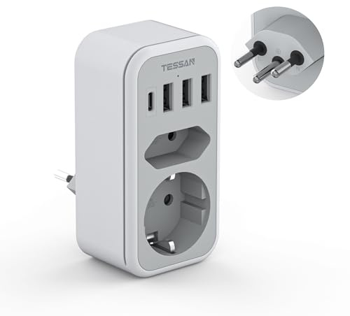 TESSAN Adapter Schweiz Deutschland, 6 in 1 Reiseadapter | 1 USB C und 3 USB A, EU auf Schweizer Steckdosenadapter für Liechtenstein Jordanien Madagaskar, Adapter Schweizer, Typ J