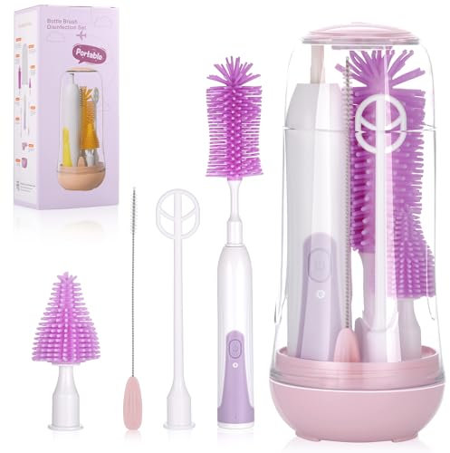 Wrischan 6 in 1 Elektrische Flaschenbürste Baby, Tragbar Babyflaschen Bürste mit UV Sterilisator, Flaschen-/Nippel-/Strohhalmbürste, Milchaufschäumer/Abtropfgestell Trockenständer,Rosa