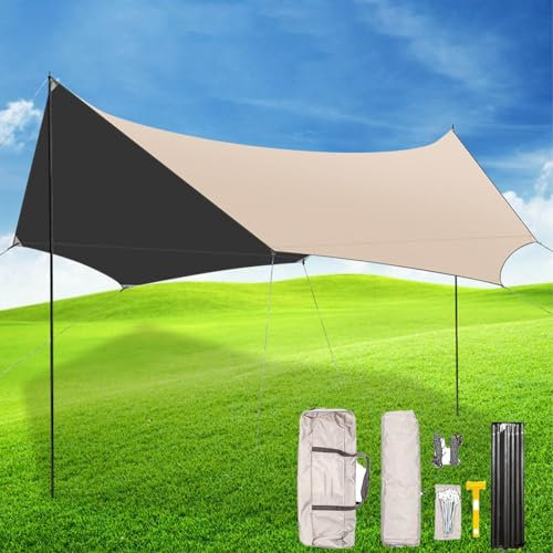 KAnduo 5.6x4.40M wasserdichte Campingplane Mit Stangen Robuster Zeltunterstand Oder Regenschutz Â€“ Wandern, Bushcraft Und Picknick(Rice-White,560x440x260mm)