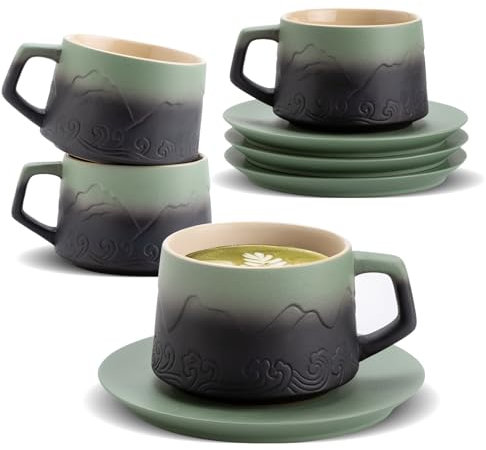 ZENS Cappuccino-Tassen mit Untertassen, 237 ml, 4 Stück, mit Farbverlauf, Moosgrün, Keramik, Latte-Kunst-Tassen für Café, Matcha, geprägte künstlerische Cappuccinotassen für Au Lait, Cafe Mokka oder