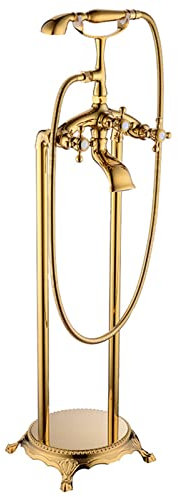 Alle Kupfer Antike Freistehende Badewanne Wasserhahn Gold Boden Mount Wanne Füller mit Handdusche Telefon Form High Flow Doppelkreuz Knöpfe Bad Mischen Hahn, TOMRAIN
