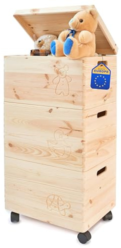 Pinus Spielzeugkiste 3er Set Motiv mit Deckel 39x30x74 cm stapelbar Rollen | Kiefernholz, 3 Boxen stapelbar, für Spielzeug Bücher Figuren, Kinderzimmer Ordnung, leicht beweglich, staubgeschützt