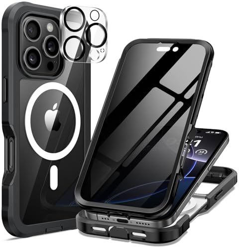 seacosmo för iPhone 16 Pro Max Privacy Skal, Kompatibelt med Magsafe, Anti-Peep Inbyggt Sekretess Skärmglas och Linsskydd i Härdat Glas, 360 Grader Stötsäkert Mobilskal, Magnetiskt Fodral, Svart