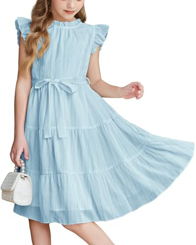 Arshiner Kleider für Mädchen Blau Ärmelloses Chiffonkleid Kinder Rüschenkleid Festliche Kleid Freizeitkleid Einschulungskleid Kinderkleid Blumenmädchenkleider mit Gürtel 10-11 Jahre