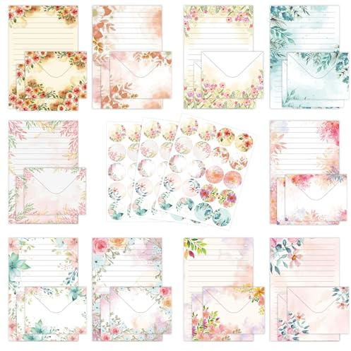 RAORAOYUE 160PCS Stationary Paper and Envelopes Set, 10 Different Style Floral Themed Writing Paper Stationery Set (50 Stationery Paper + 50 envelopes+60 Sticker)