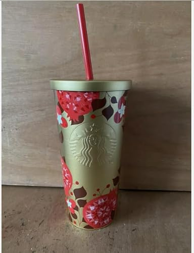 STARBUCKS Holiday Tumbler, 500 ml, Gold and Red Pomegranate Design, Limited European Collection