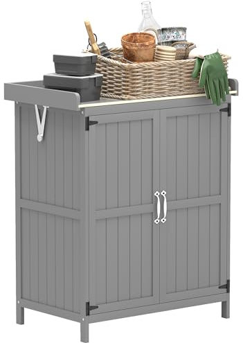 Outsunny Wooden Garden Shed, Garden Tool Storage Shed with Hinged Roof and Shelf, Outdoor Storage Cabinet with Double Doors, Grey