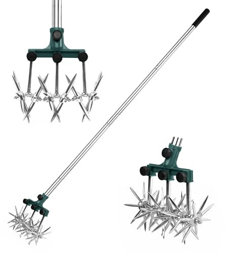 BARAYSTUS Rotary Cultivator Garden Rotary Tiller Adjustable Stainless Steel Poles Hand Tiller for Soil Mixing or Reseeding Grass Lawn Tiller Total Length 57 Inch