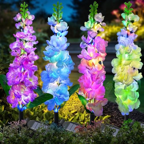 Qoosea Lumieres Solaire Exterieur, 4 Pièces 80 LED Violette Fleurs Lampes Solaire Exterieur Jardin, IP65 Imperméable Lumiere LED pour Chemins Décoration de Jardin Patio Mariage Noël Pelouse Terrasse