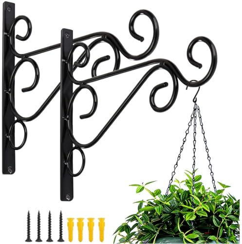 BNGGOGO Pack of 2 Black Iron Plant Hanging Hooks Wall Brackets for Planter Bird Feeder Lanterns Wind Chimes with Screws