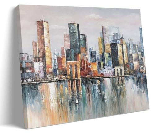 New York Skyline Ölgemälde, modernes Stadtbild, Poster, Leinwanddruck, ästhetische Wandkunst, moderne Heimdekoration für Schlafzimmer, Wohnzimmer, 30 x 45 cm, Rahmenstil