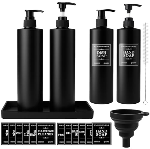 Maxumille 4 Pezzi 500ml Flaconi Riutilizzabili per Shampoo, Dispenser Sapone Bagno Neri Vuote con Vassoio & Adesivi, Dispenser per Pompa Bagnoschiuma Doccia in Plastica Nera per Condizionatore Lotione