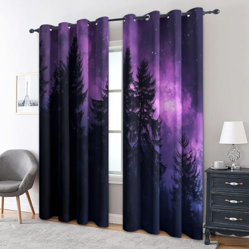 Generisch Lila Aurora Vorhänge mit Ösen, H 220 x B 140, 2er Set - Wald Landschaft Motiv Gardinen Wohnzimmer Schlafzimmer Deko, Fenster Vorhang Blickdicht Blackout Curtain （JN209）