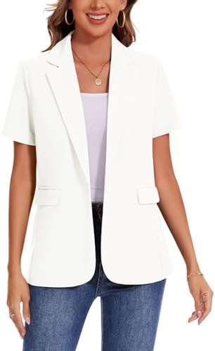 Short Sleeve Blazer Women Notch Lapel Jackets for Spring Summer, White XXL