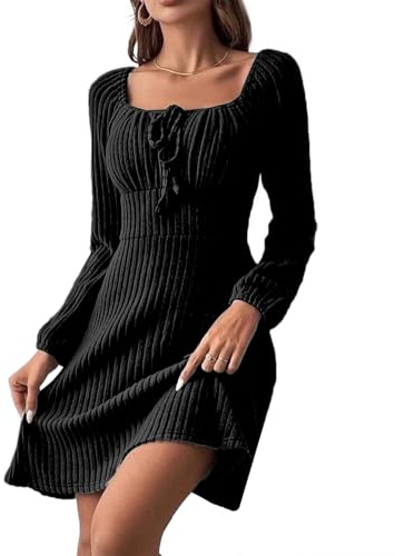 JENJON Femme Robe Pull Manches Longues Tunique Minirobe en Tricot A-Line Col Carré Taille Haute Casual Chic Robes Automne Hiver