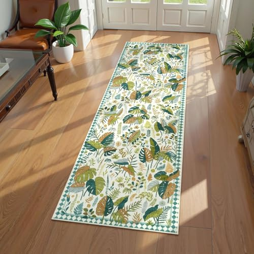 Houient Green Botanical Hallway Runner Rug, 60x180cm, Boho Sage Palm Banana Leaves Monstera Leaf Accent Rug, Durable Machine Washable Tropical Decor Mat for Living Room Bedroom