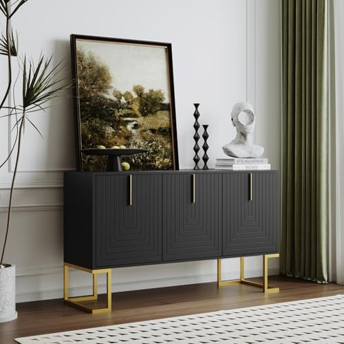 OLIVIBED Sideboard mit 3 Türen in U-förmigem Muster, Modernes Kommode mit Verstellbaren Regalen, Wohnzimmerschrank mit Goldenen Metallgriffen und Sockel, für Esszimmer, Küche, 138x40x80.5cm, Schwarz
