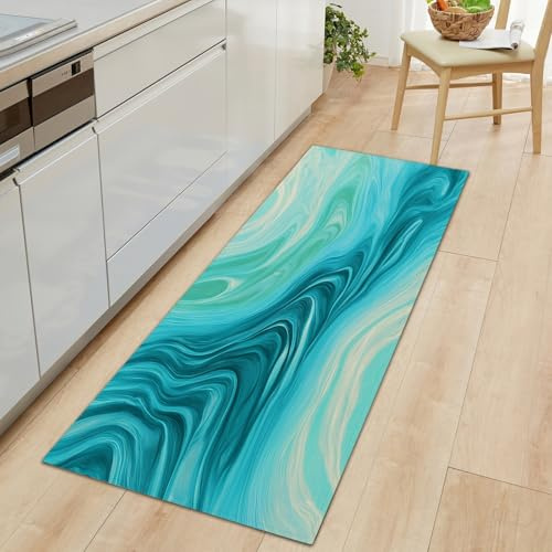 Generisch Teppich Läufer 80 x 120 cm, Moderne Kunst Teppichläufer Flur rutschfest Waschbar Küchenläufer, Wirbel Türkis Marmor Küchenteppich Läufer für Eingang Flur Küche Schlafzimmer Wohnzimmer