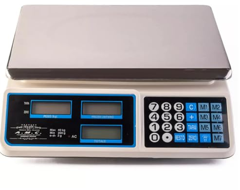 Bilancia Professionale da banco Digitale Elettronica Max 40Kg Divisione 2gr, con Display LCD e Visualizzazione del Costo Finale del Prodotto, Funzione Tara