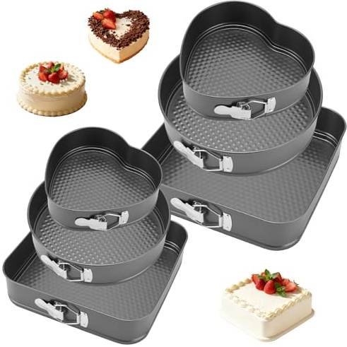 YIXNSW Juego de 6 Moldes para Tartas y Horno, Forma de Corazón, Redondos y Cuadrados, Antiadherentes, 18-28 cm, Acero al Carbono, Base Plana Extraíble, Negro