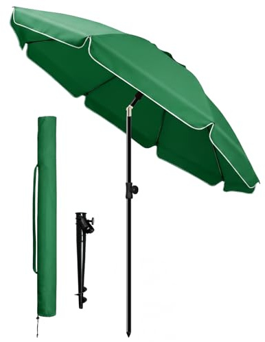 VOUNOT® Sombrilla Playa Grande Ø200cm y Soporte Arena, Mástil Inclinable Altura Regulable Protección UV 50+ Parasol con Techo de Ventilación Bolsa de Transporte para Playa Terraza Balcón Camping Verde