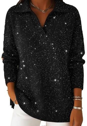 Generisk damtröja med glitter, v-ringad, långärmad, elegant, bling, blus, topp för kvällsmode och festligheter, 02, M